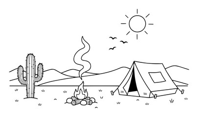 desert camping scene with tent and campfire line art © Anna