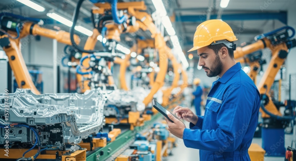 Aufkleber car factory engineer wearing protective workwear and hardhat, using a digital tablet to control and 