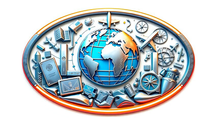 Travel Agency Logo 3D embossed travel agency logo with globe, airplane, passport, and compass icons.