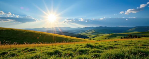 landscape image of grassy hills reflecting sunlight, cooler atmosphere shown with subtle blue overlay, heat control theme visualized in nature