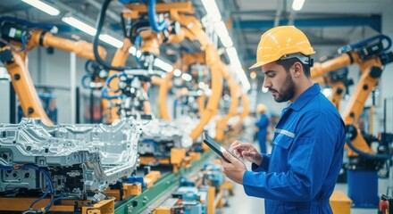 Car factory engineer wearing protective workwear and hardhat, using a digital tablet to control and supervise an automated assembly line with robotic arms