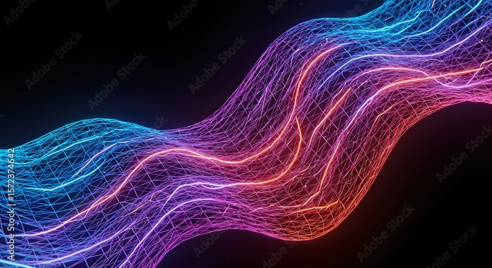 Poster a vibrant and glowing digital network of interconnected data points creates an abstract landscape of