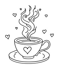 romantic coffee cup with heart steam line art illustration