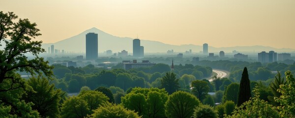 smoggy city transformed by trees, air visibly cleaner above green canopy, particulate matter absorbed into foliage, dramatic lighting and contrast in environmental storytelling