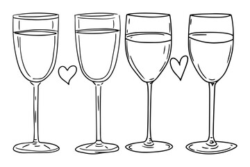 wine glass set with hearts line art illustration