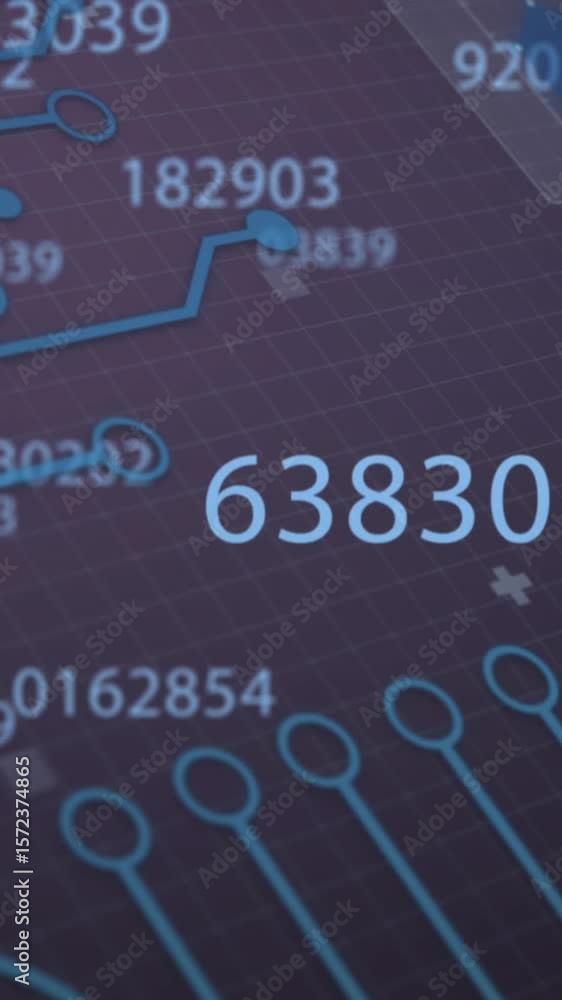 Poster animation of integrated circuit and changing numbers on violet background