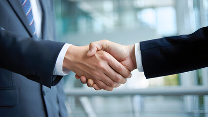 Two businessmen in suits solidify a deal with a firm handshake in a corporate office, signifying teamwork and partnership success