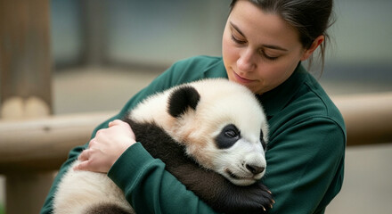 Woman Zookeeper Petting a Panda Gently