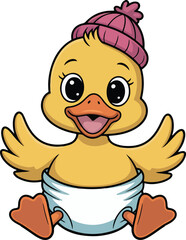 A cute cartoon duckling wearing a pink hat transparent isolated png vector