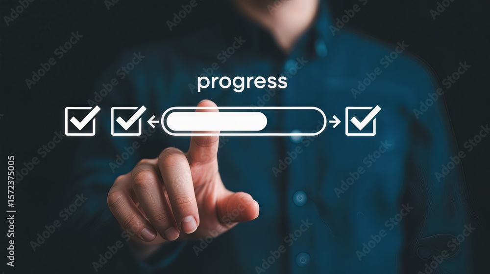 Poster a person is pointing at a digital progress bar with checkmarks, indicating successful task completio