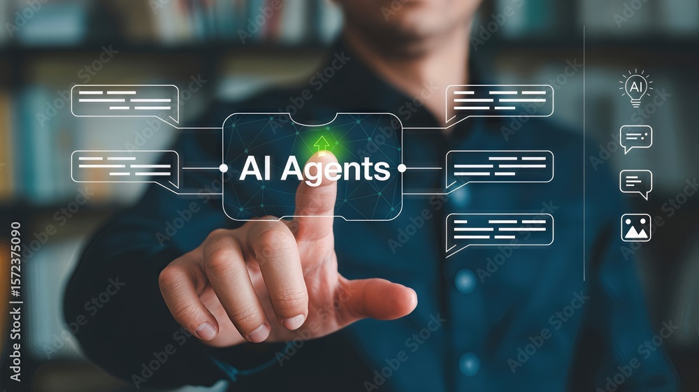 Poster a person is interacting with a digital interface featuring ai agents, highlighting the future of aut