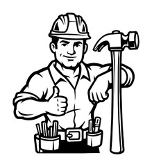 cartoon construction worker with hammer and tool belt in strong black and white vector style