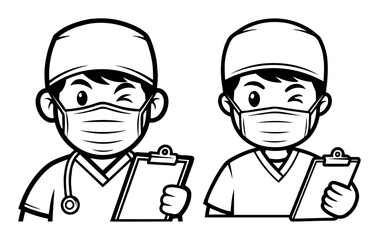cartoon doctors in masks line art illustration