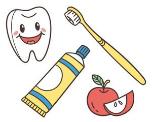Cute dental health illustration featuring smiling tooth toothbrush and apple