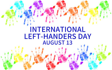 A vibrant illustration for International Left-Handers Day featuring colorful handprints on a white...
