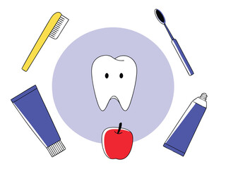 Dental health illustration of a tooth and dental tools on a white background