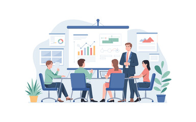 Business Meeting and Presentation: Collaborative Team Discussing Data and Analytics in Conference Room