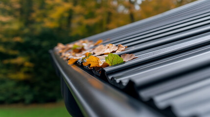 Autumn leaves gather on a metal roof and gutter. Seasonal change is evident in the colorful foliage, creating a cozy and picturesque autumn scene.