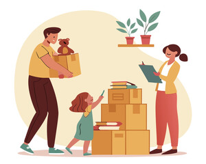 Family packing and moving house with boxes teddy bear and plants illustration