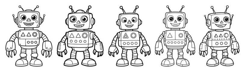 cute cartoon robot characters set coloring page vector