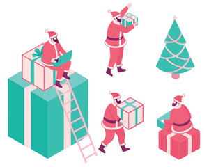 Festive isometric santa claus characters celebrating christmas holiday season
