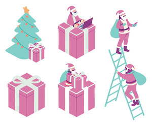 Festive isometric christmas illustration featuring santa claus, presents and christmas tree