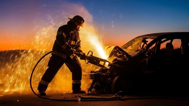 Firefighter Cutting Wrecked Car at Sunset - A silhouetted firefighter uses hydraulic rescue tools to cut through a wrecked car at sunset.