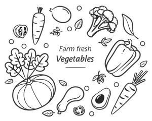 Hand drawn farm fresh vegetable circle composition outlined with transparent background