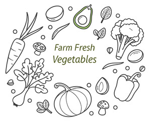 Hand drawn farm fresh vegetables outline on white background healthy eating concept