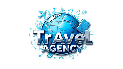 Travel Agency Logo ,3D embossed travel agency logo with globe, airplane, passport, and compass icons.