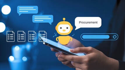 A person is using a mobile phone with an ai chatbot for procurement processes in a business setting