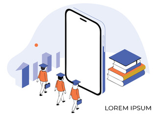 Isometric illustration of graduates mobile device books and abstract elements on white