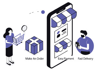 Isometric illustration of mobile e commerce process with easy ordering and fast delivery