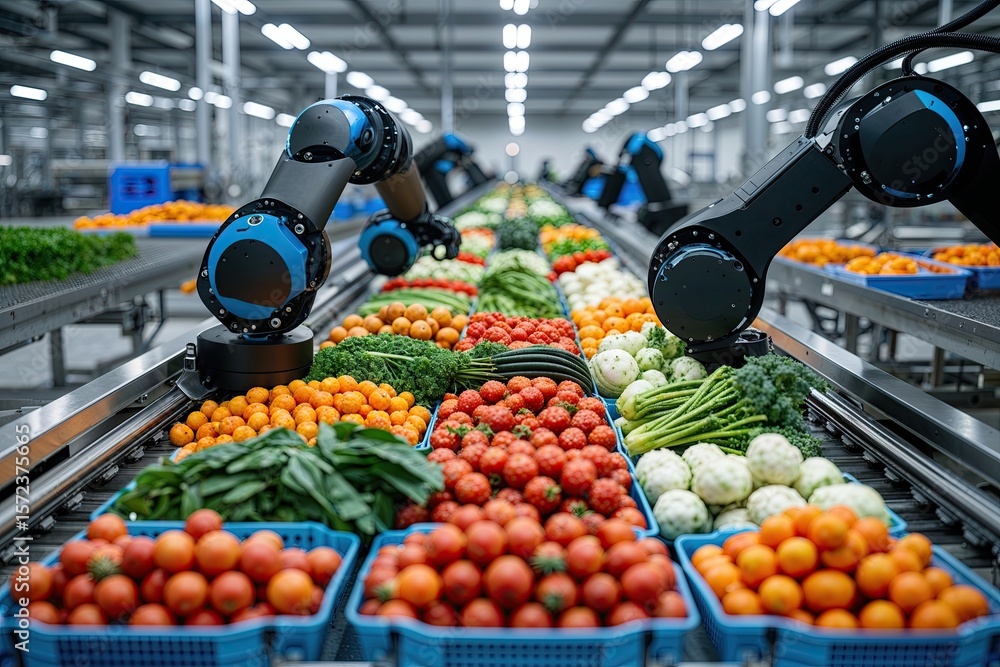 Poster efficient robotic technology sorting varied vegetables on high-capacity conveyor belt in factory