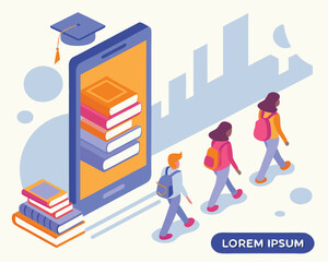 Modern isometric education concept featuring students smartphone and books