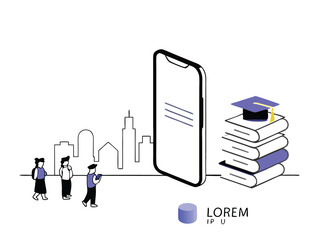 Mobile learning concept illustration: education and technology with a city skyline