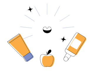 Modern minimalist illustration featuring apple cosmetic items and transparent background
