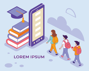 Online education concept with smartphone and students walking towards knowledge