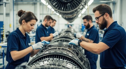 Team of aircraft mechanics working on jet engine assembly in a modern industrial factory, performing maintenance and quality control checks