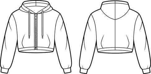 Flat vector illustration of women's cropped hoodie with drawstrings, zipper front, ribbed cuffs, back view, technical fashion design template © Rahul Creatives