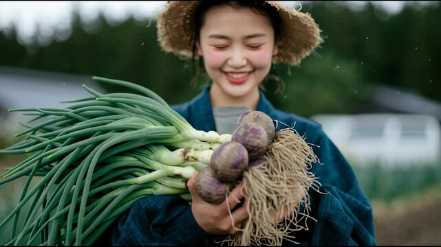 採れたての葉付き赤玉ねぎを手に持つ和装の農業女子