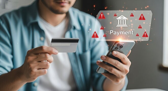 A man is holding a credit card and a smartphone with a payment alert, indicating potential online banking fraud