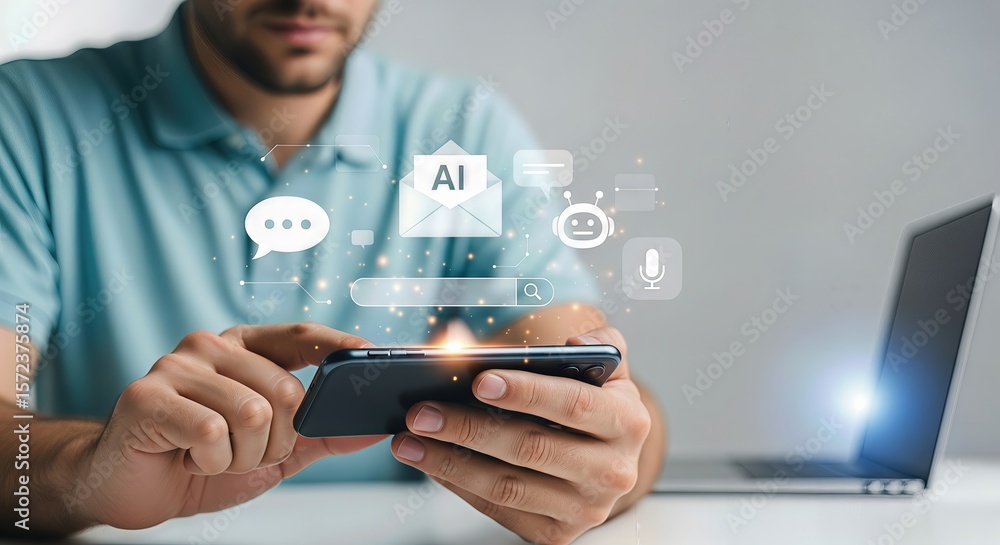 Poster a man interacts with ai icons on his smartphone, symbolizing the integration of artificial intellige