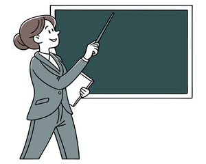 Smiling teacher presenting with pointer and notebook next to classroom chalkboard