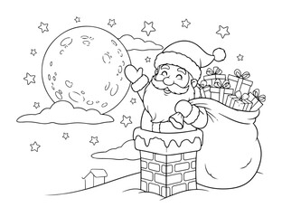 santa claus in chimney with gifts coloring page vector