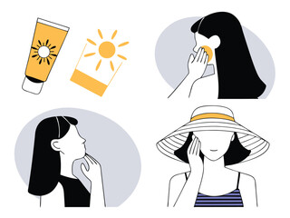 Summer skincare illustration depicting sun protection and routine for design projects