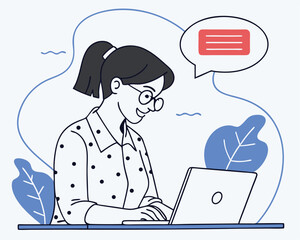 Smiling woman working on laptop with message bubble in modern flat illustration