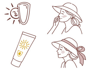 Sun protection and skincare illustration featuring sunscreen and women with hats