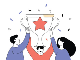 Team celebrates victory by holding up trophy representing success achievement