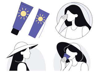 Sunscreen and summer protection illustration featuring sunscreen and people on a white background